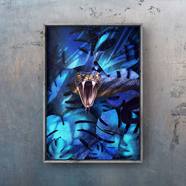 snake pass artwork, snake in bold jungle leaves